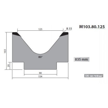 M103-80-125 Rolleri Single Vee Die 125mm Vee 80 Degree 103mm H