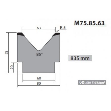 M75-85-63 Rolleri Single Vee Die 63mm Vee 85 Degree 75mm H