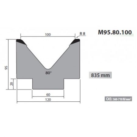 M95-80-100 Rolleri Single Vee Die 100mm Vee 80 Degree 95mm High