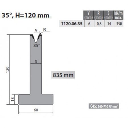 T120-06-35 Rolleri Single Vee Die 6mm Vee 35 Degree 120mm H