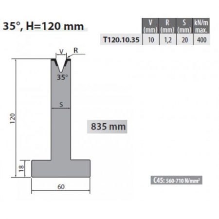 T120-10-35 Rolleri Single Vee Die 10mm Vee 35 Degree 120mm H