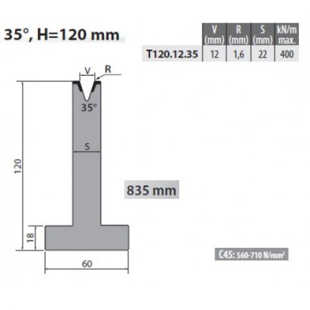 T120-12-35 Rolleri Single Vee Die 12mm Vee 35 Degree 120mm H