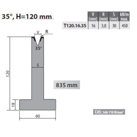 T120-16-35 Rolleri Single Vee Die 16mm Vee 35 Degree 120mm H