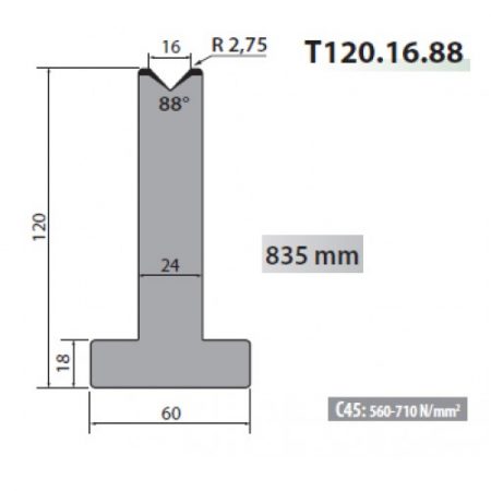 T120-16-88 Rolleri Single Vee Die 16mm Vee 88 Degree 120mm H