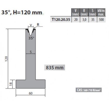 T120-20-35 Rolleri Single Vee Die 20mm Vee 35 Degree 120mm H