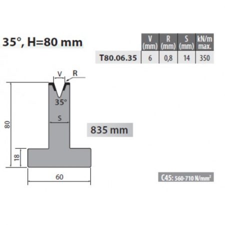 T80-06-35 Rolleri Single Vee Die 6mm Vee 35 Degree 80mm H