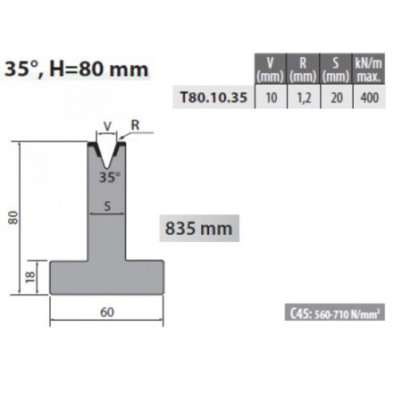 T80-10-35 Rolleri Single Vee Die 10mm Vee 35 Degree 80mm H