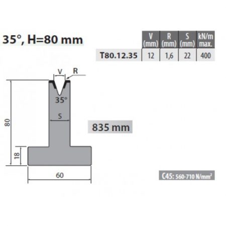 T80-12-35 Rolleri Single Vee Die 12mm Vee 35 Degree 80mm H