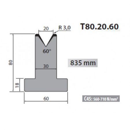 T80-20-60 Rolleri Single Vee Die 20mm Vee 60 Degree 80mm H