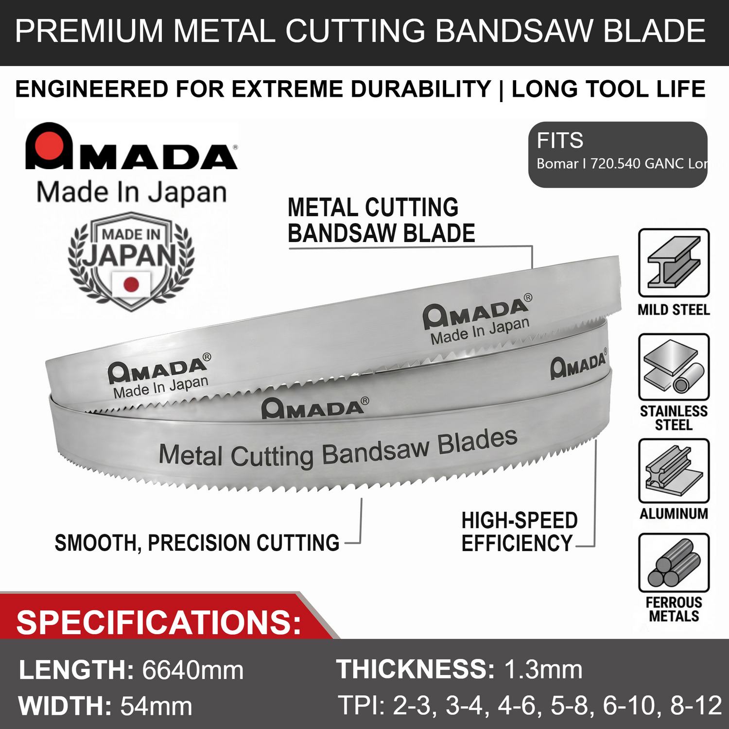 Bandsaw Blade for Bomar Model INDIVIDUAL 720.540 GANC LongStroke – Length 6640mm x Width 54mm x 1.3mm x TPI Bandsaw Blade for Bomar Model INDIVIDUAL 720.540 GANC LongStroke – Length 6640mm x Width 54mm x 1.3mm x TPI