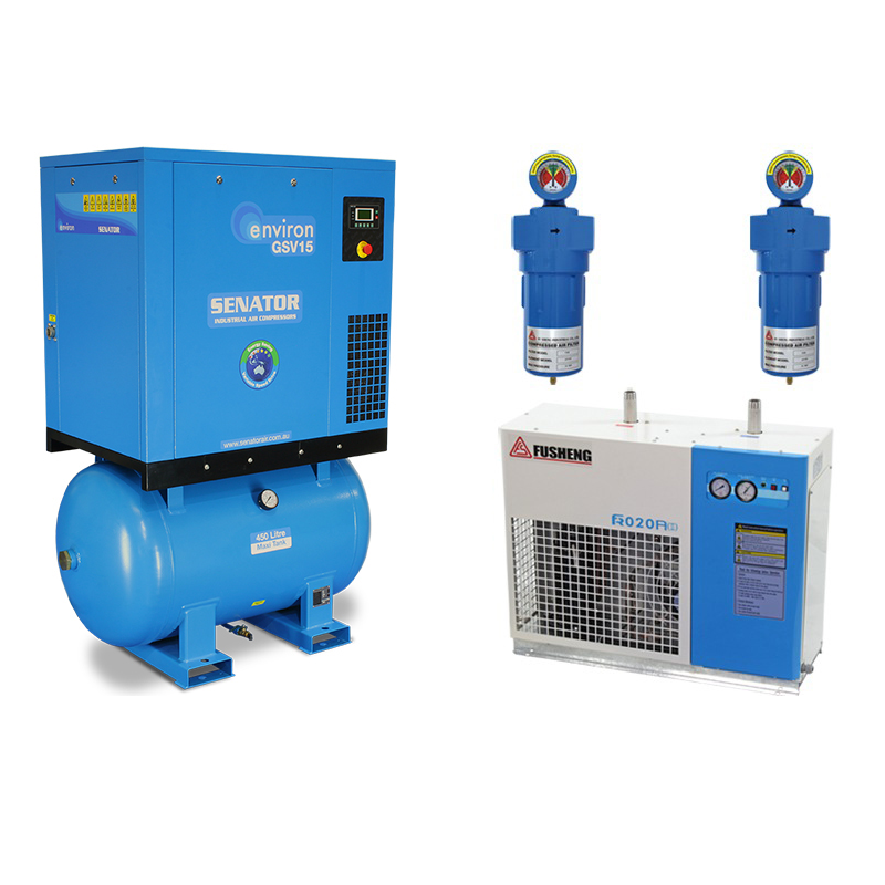 Senator GSV15 Rotary Screw Variable Speed Air Compressor Professional Package – 15 kW 450L 8 bar 35-87CFM/991-2463LPM