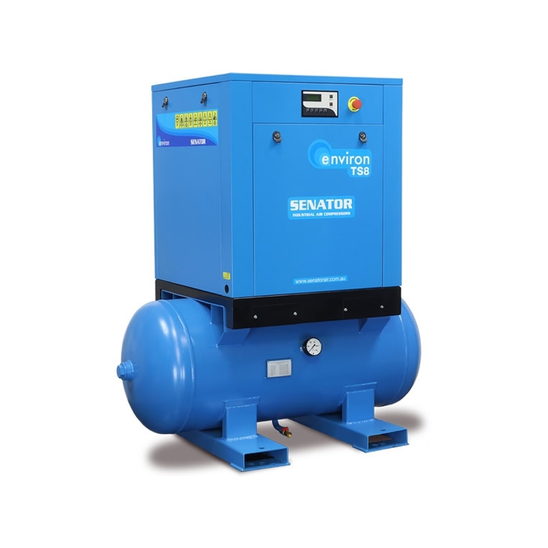 Senator TS8 Rotary Screw Air Compressor – 7.5 kW 450L 8/10/13 bar – 36CFM / 1019LPM – Tank Mounted