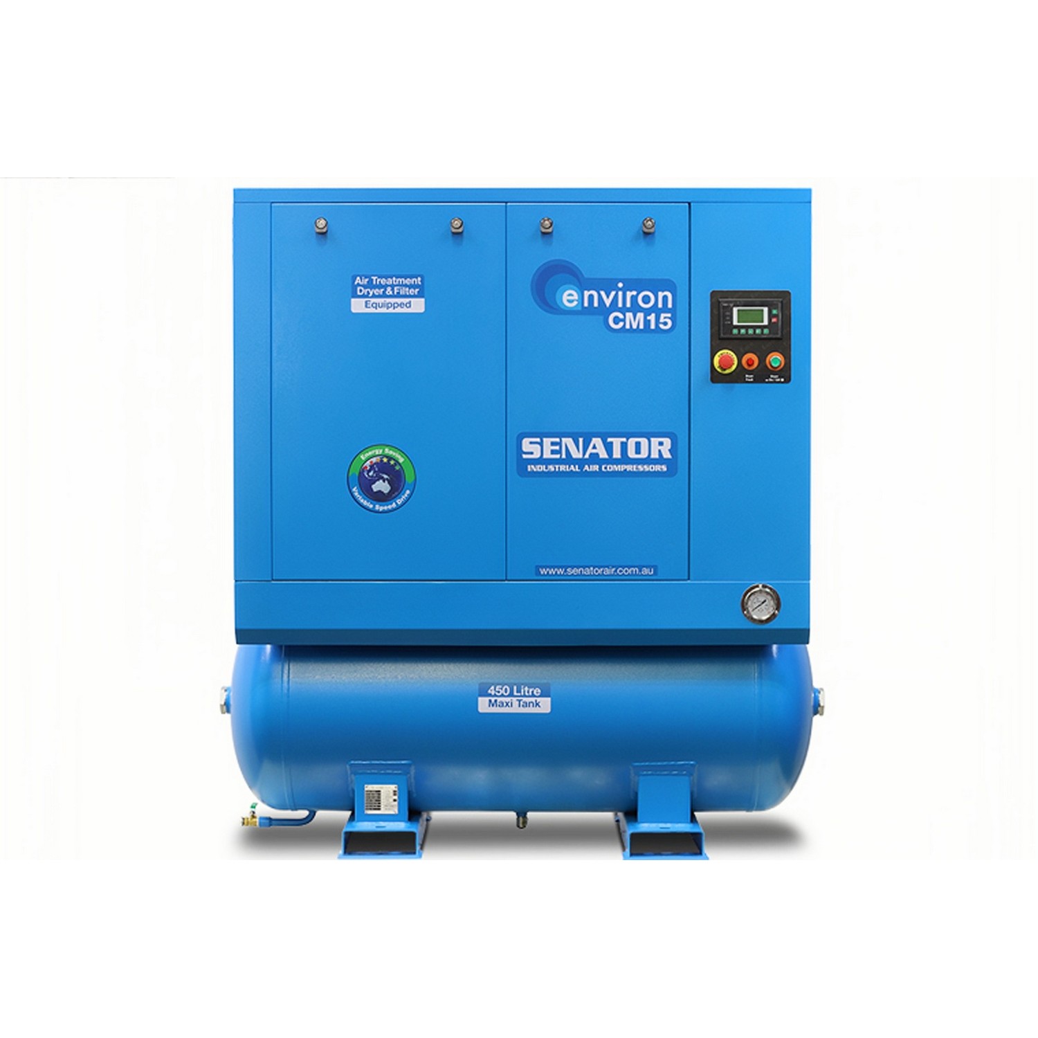 Senator CM15 Rotary Screw Air Compressor – 15.0kW/20HP 450L 8/10 bar – 45-87CFM/1274-2464LPM – Tank Mount Senator CM15 Rotary Screw Air Compressor – 15.0kW/20HP 450L 8/10 bar – 45-87CFM/1274-2464LPM – Tank Mount