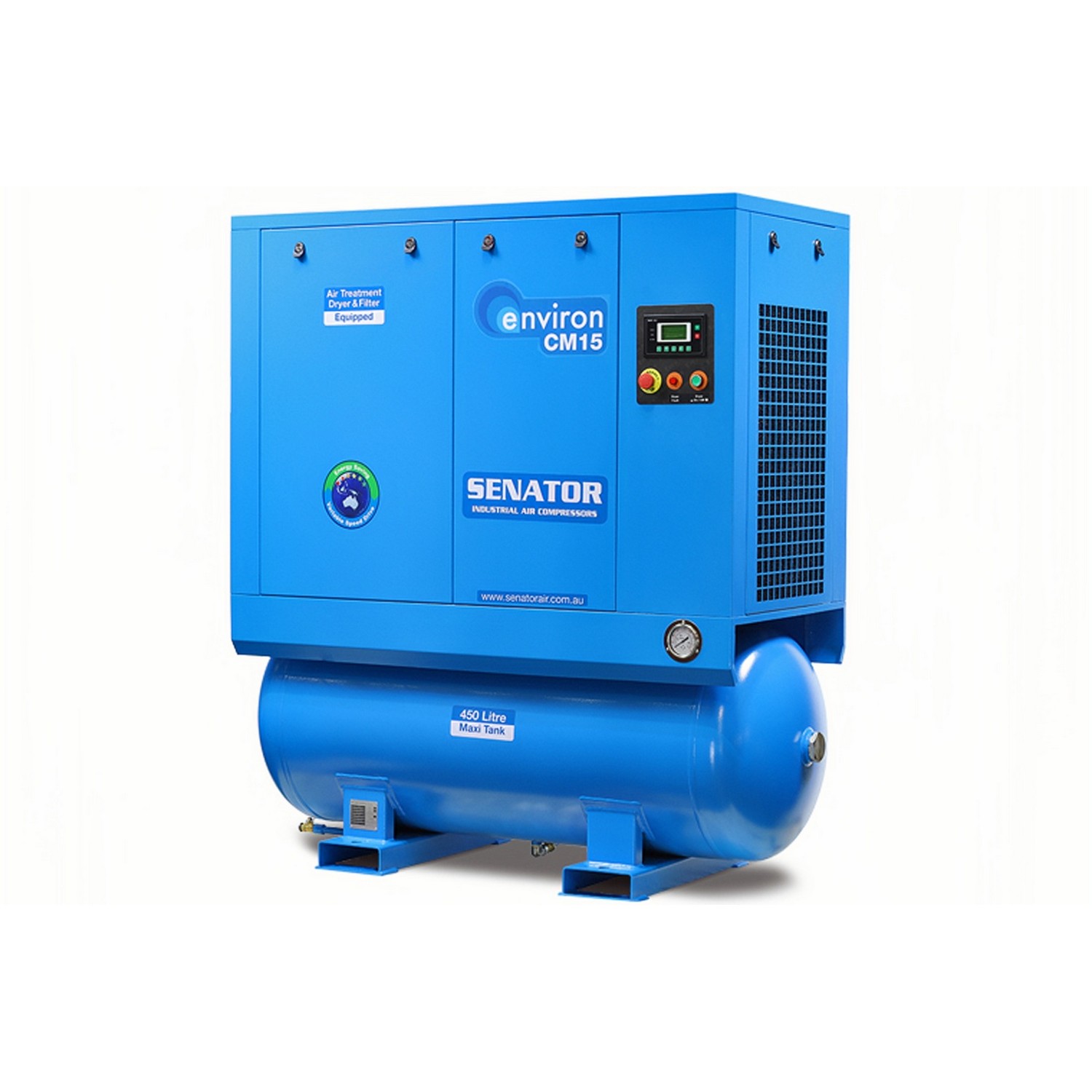 Senator CM15 Rotary Screw Air Compressor – 15.0kW/20HP 450L 8/10 bar – 45-87CFM/1274-2464LPM – Tank Mount Senator CM15 Rotary Screw Air Compressor – 15.0kW/20HP 450L 8/10 bar – 45-87CFM/1274-2464LPM – Tank Mount