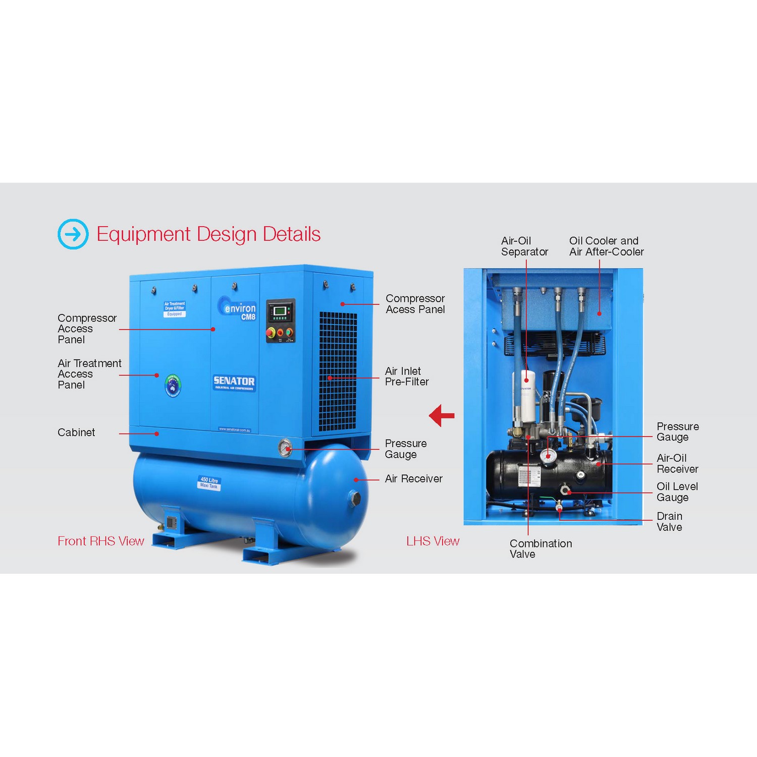 Senator CM15 Rotary Screw Air Compressor – 15.0kW/20HP 450L 8/10 bar – 45-87CFM/1274-2464LPM – Tank Mount Senator CM15 Rotary Screw Air Compressor – 15.0kW/20HP 450L 8/10 bar – 45-87CFM/1274-2464LPM – Tank Mount